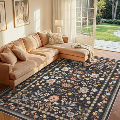 UERMEI Runner Rug for Hallways Kitchen: 2x6 Washable Area Rug Boho Floral Soft Long Rug - Non-Slip Low Pile Throw Indoor Carpet for Entryway Kitchen Bedroom Laundry Bathroom - Black Grey