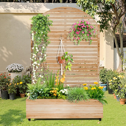 Metal Raised Garden Bed with Trellis, 2-in-1 Planter Box & Privacy Screen for Climbing Plants, Outdoor Standing Flower Bed with Drainage Holes, 47.2" L x 16.7" W x 70.8" H, Acacia Wood Grain-Louvered