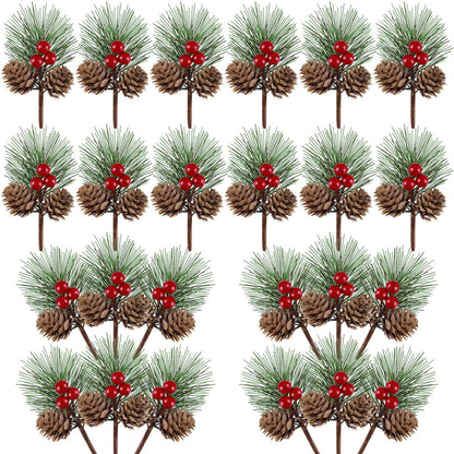 Lukinuo Artificial Berries Pine Picks 25pcs Pine Cone Holly Berry Stems for Crafts Mini Red Berries Pinecones Branches Artificial Christmas Picks and Sprays for Xmas Decor Wreath, Garland, Xmas Tree