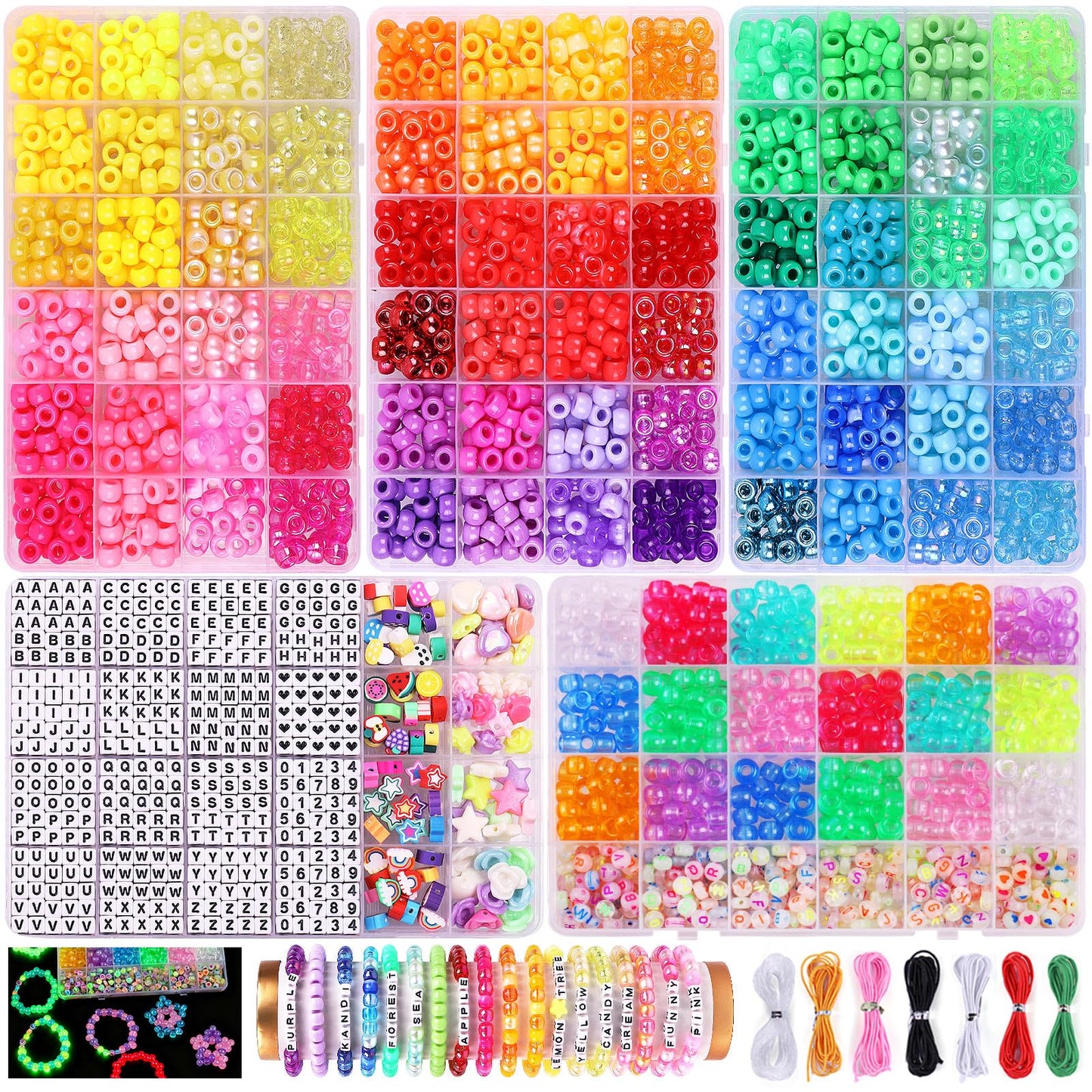 Wuollgess 4000 Pcs Pony Beads for Bracelet Making Kit, 90 Colors 5 Boxes Rave Kandi Beads Glow in The Dark, with UV Color Changing, Chrome & Alphabet Letter Beads for Friendship Jewelry DIY Crafts
