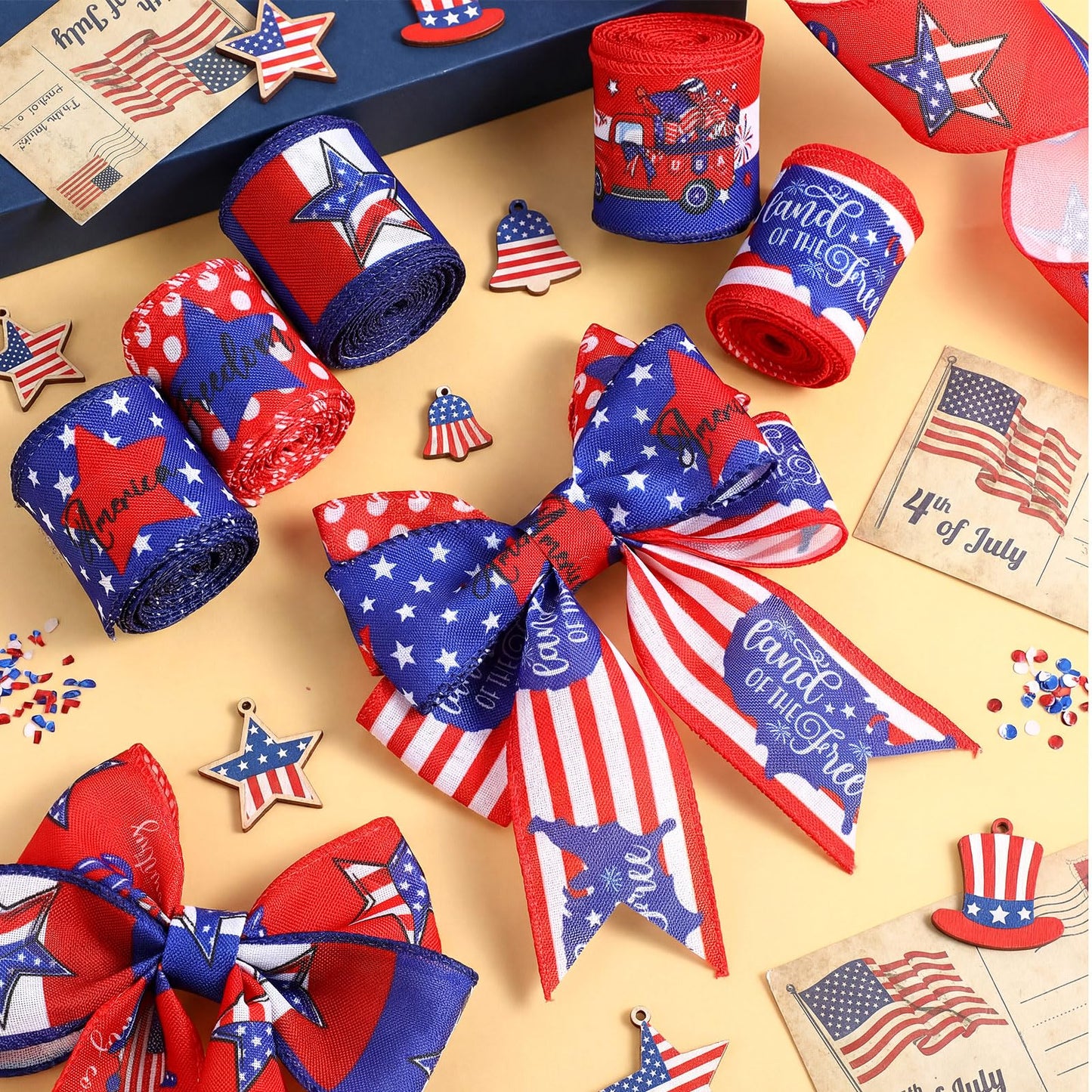 Vincreem 12 Rolls Memorial Day Summer Wired Edge Ribbon for Wreaths 2 Inch x 60 Yards Red White and Blue Star Print Grosgrain Ribbon Summer Crafts for Memorial Day Party Supplies 12 Styles