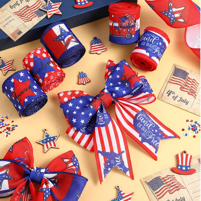 Vincreem 12 Rolls Memorial Day Summer Wired Edge Ribbon for Wreaths 2 Inch x 60 Yards Red White and Blue Star Print Grosgrain Ribbon Summer Crafts for Memorial Day Party Supplies 12 Styles