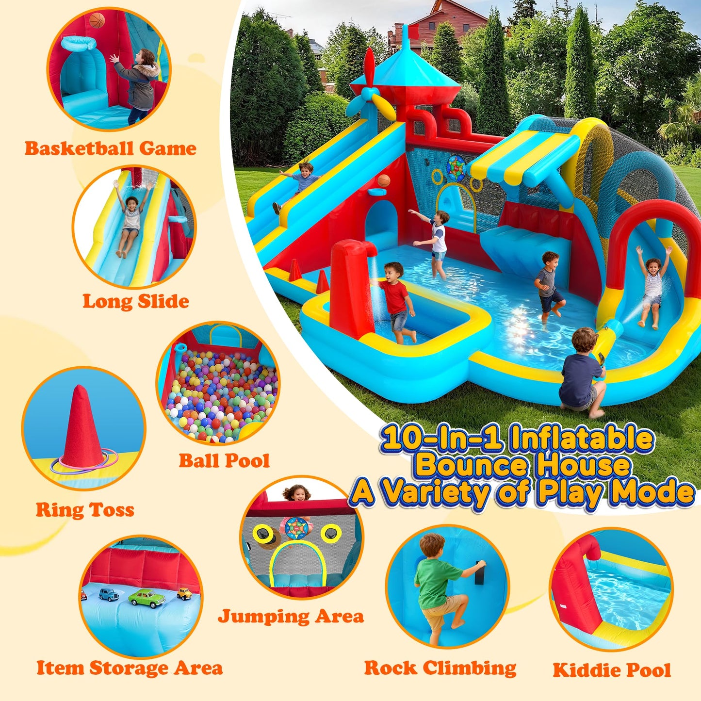 Inflatable Bounce House with Double Slide, Water Slide with Jumping Area, 10 in 1 Large Bounce Castle, Splash Pool, Climbing Wall, Toy Stand, Water Cannon, Basketball, Tunnel, Outdoor, Indoor, Blue