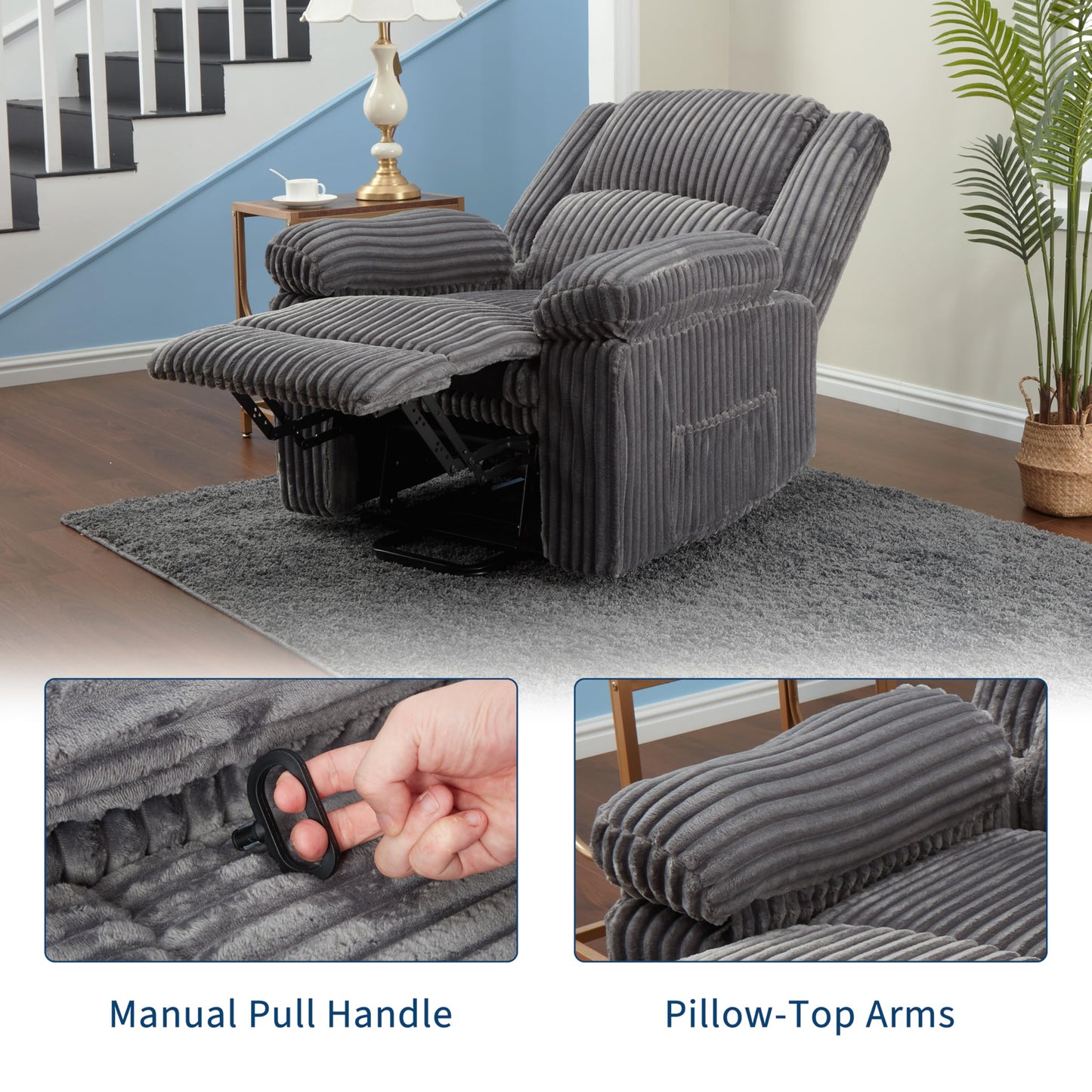 Garvee Corduroy Recliner Chair, Manual Recliner Sofa with Handle, Pillow Top Arms, Thick Padding, Side Pocket, 330Lbs Capacity, Adjustable Recliner for Living Room, Bedroom, Home Theater, Dark Gray