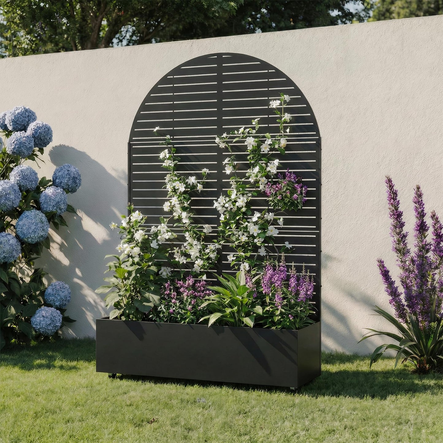 Metal Raised Garden Bed with Trellis and Wheels, 71"x47"x16" Planter Box with Privacy Screen & Drainage Holes, Arched Outdoor Garden Bed for Climbing Plants, Vegetables, Flowers (Black-Louvered)