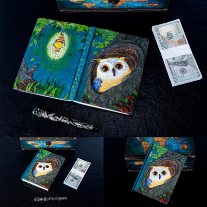 Handmade Cute Owl in Tree Hole 3D Journal,Resin Engraving Notebook,Hardcover Travel Diary for Writing,Sketchbook,Collection,Gift,Decoration Diary for Man And Woman A5 Size （white） (White)