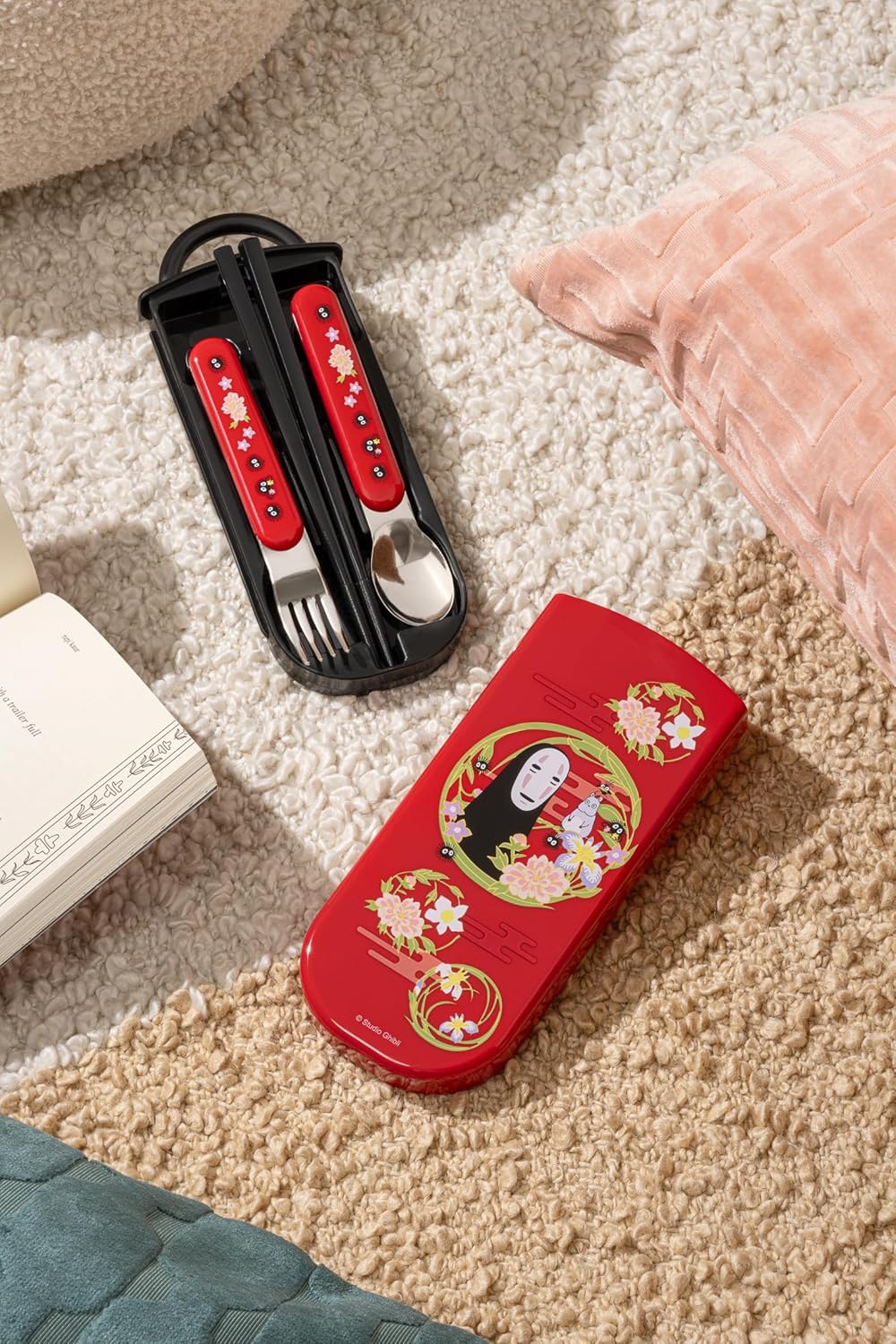 No-Face Utensil Set, Reusable Fork, Spoon, Chopsticks with Carrying Case, Authentic Japanese Design (Dark Red)