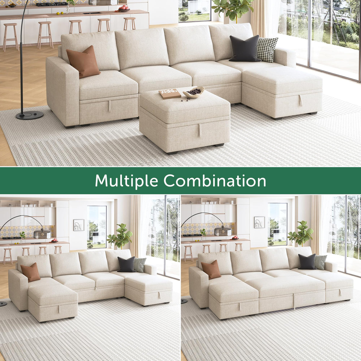 HONBAY Modular Sectional Sleeper Sofa Bed, Sectional Couch with Pull Out Bed U Shaped Modular Couch with Storage Ottoman for Living Room, Beige