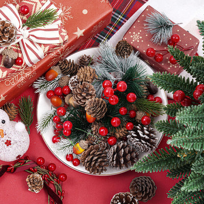 cnomg 120pcs Artificial Pine Cones Pine Branch Set Fake Natural Pinecones Acorns Red Berries Christmas Decor Ornaments for Home Winter Decorations