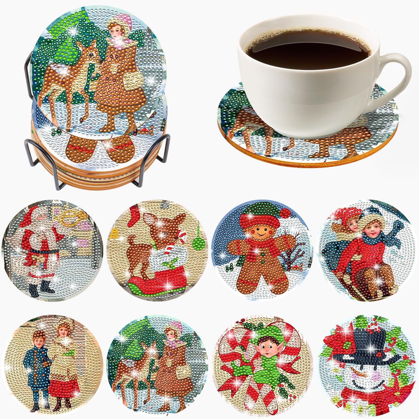 XEFINAL Christmas Vintage Diamond Art Paintings Coasters Diamond Art Painting Coasters with Holder DIY Christmas Diamond Art Painting Kits for Adults, Beginners Christmas Gift