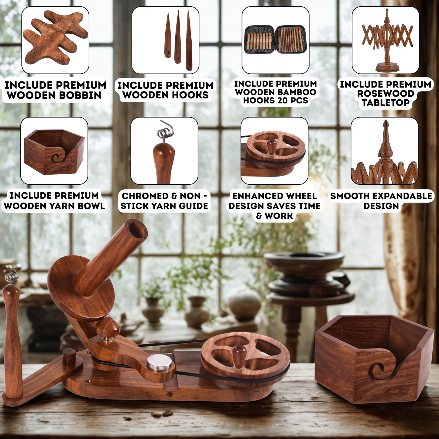 Brainmart Rosewood Yarn Winder & Swift with Wooden Yarn Bowl – 30pcs Crochet Kit | Handcrafted Wooden Ball Winder, Crochet Hooks Set, Bobbins, Weaving Needles for Knitting, Crocheting & Weaving