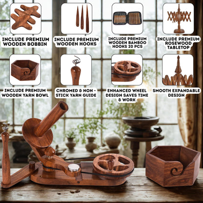 Brainmart Rosewood Yarn Winder & Swift with Wooden Yarn Bowl – 30pcs Crochet Kit | Handcrafted Wooden Ball Winder, Crochet Hooks Set, Bobbins, Weaving Needles for Knitting, Crocheting & Weaving