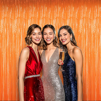 BTSD-home Orange Foil Fringe Curtain - Metallic Photo Booth Backdrop Tinsel Door Curtains for Wedding, Birthday, Party