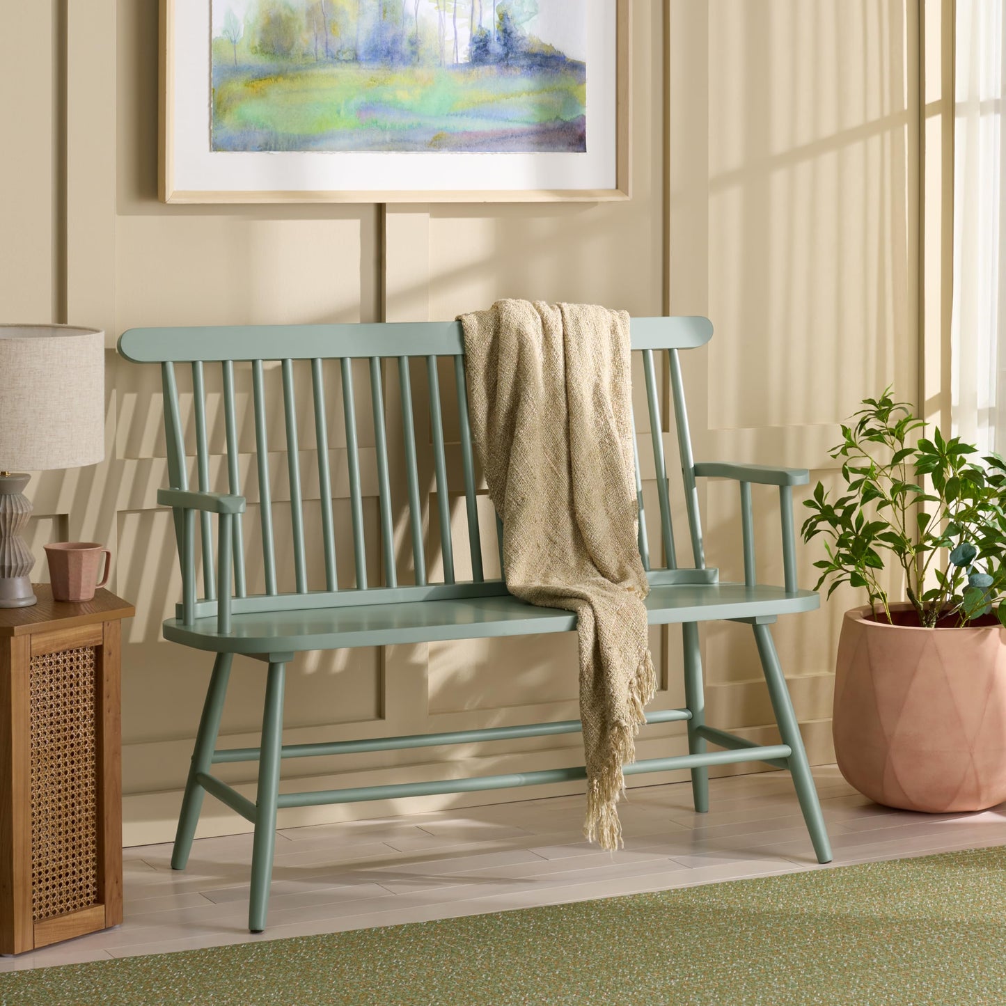 SAFAVIEH Home Collection - Eton Sage Green Solid Wood Bench, Farmhouse Spindle Back Indoor Seating for Entryway or Dining (BCH3300A)