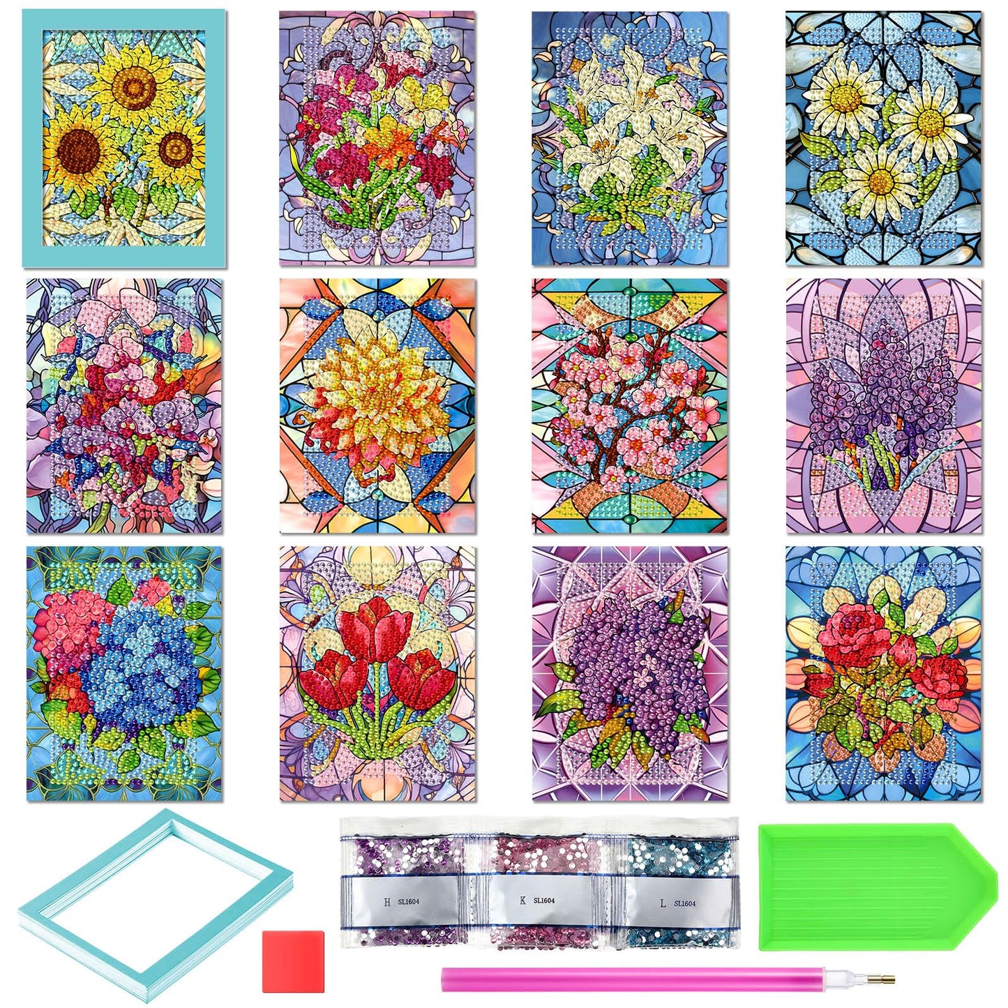 Saillong 24 Pcs Mini Flower Diamond Painting Kits, Small Diamond Art Kits for Adults, DIY Mini Square Drill Flower Gem Sets 1-Hour Painting for Beginners Home Desktop Decor, 5.12x3.94 Inch