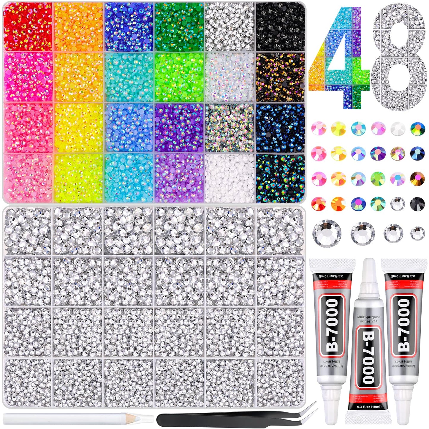 40000Pcs Resin Rhinestones for Bedazzling Kit, 2 Boxes Multicolor 3mm & Clear 3/4/5/6mm Bedazzled Crystal, Flatback Gems with 3Pcs 10ml B7000 Jewelry Glue for DIY Crafts Clothing Nail Art Makeup