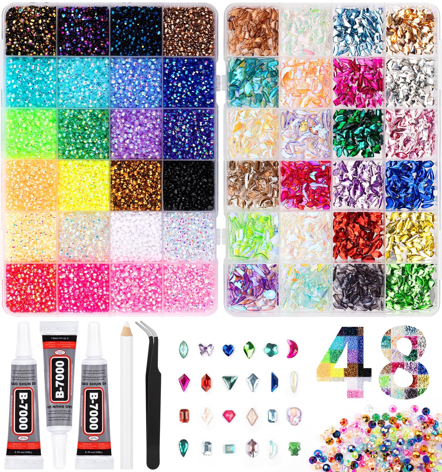 48 Colors Resin Jelly Rhinestones Kit,3mm Resin Jelly Rhinestones and Multi Shape Size Crystal Diamond Art with B7000 Jewelry Glue for Crafting Nail Art DIY Arts Crafts Gifts(25200pcs)