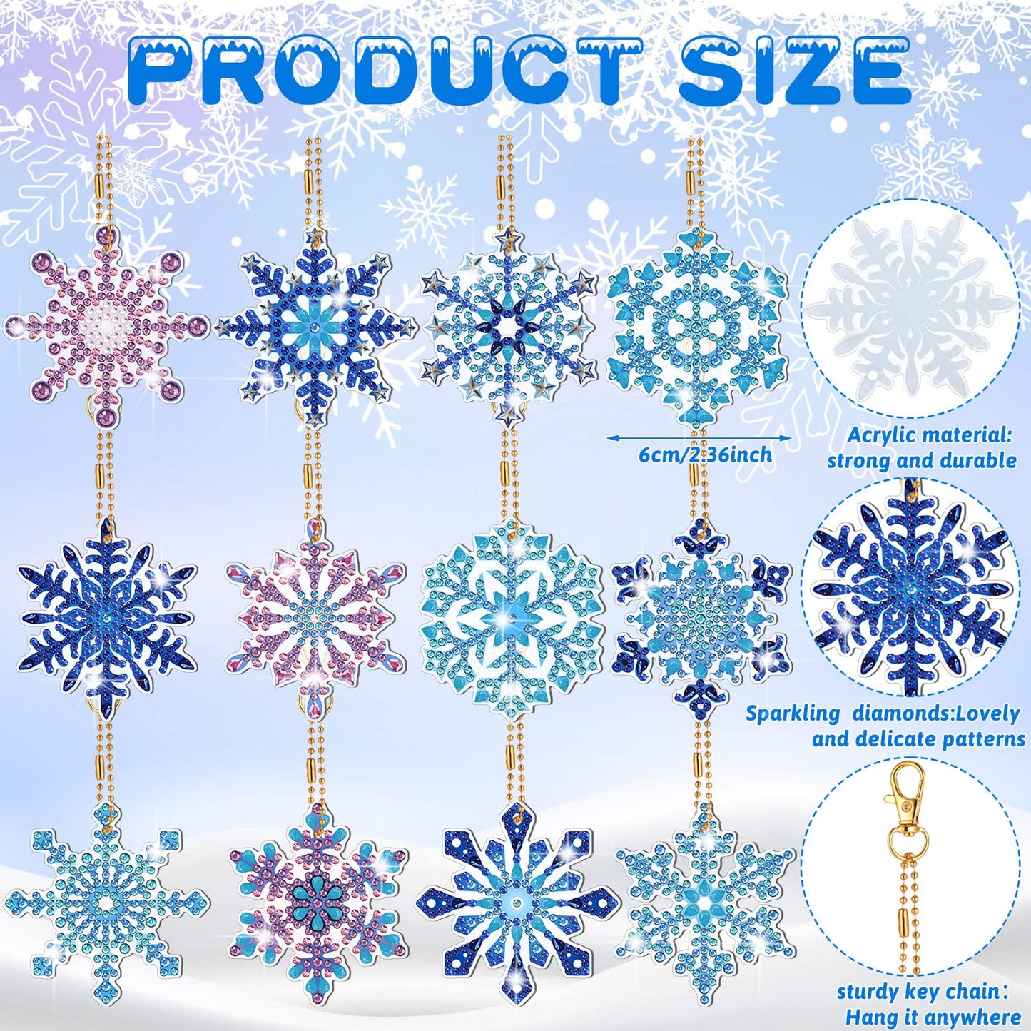 Ferraycle 12 Pcs Diamond Painting Keychain Kit Winter Diamond Art Keychain Ornaments 5d DIY Snowflake Diamonds Painting Key Rings for Adults Art Pedants Decor