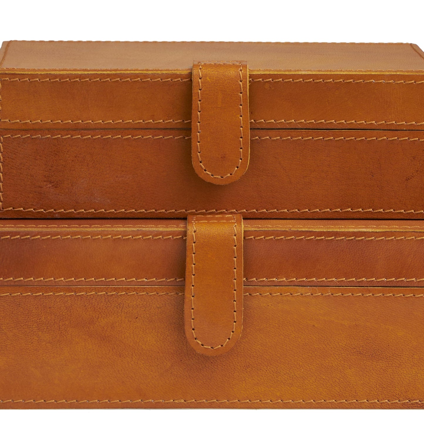 Deco 79 Leather Handmade Decorative Box Storage Decorative Keepsake Boxes with Snap Front Closure and Detailed Stitching, Set of 2 Storage Boxes 10", 8"W, Brown