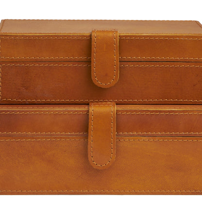 Deco 79 Leather Handmade Decorative Box Storage Decorative Keepsake Boxes with Snap Front Closure and Detailed Stitching, Set of 2 Storage Boxes 10", 8"W, Brown