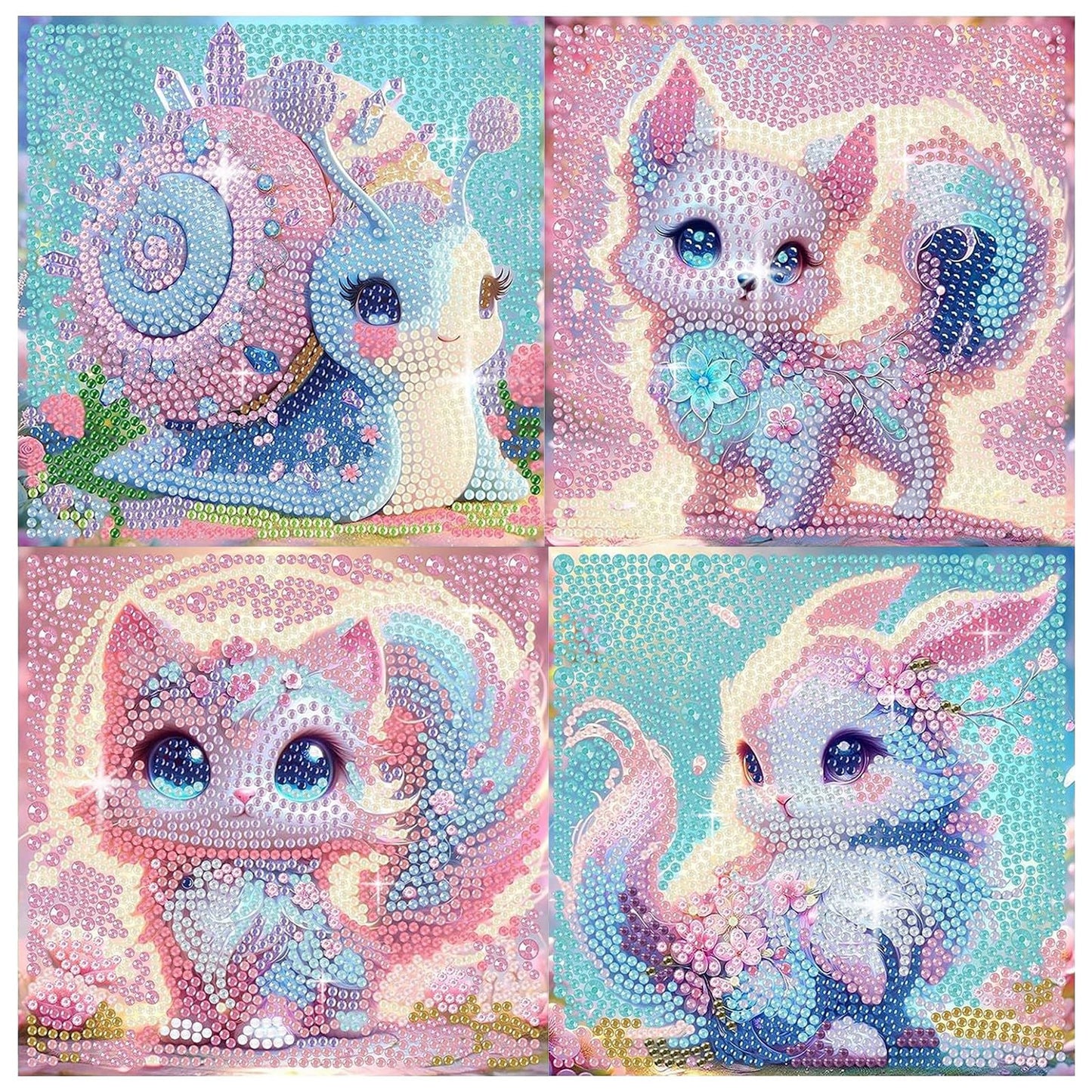 FlyingMage 5D Diamond Art Kits for Adults,Kawaii DIY Painting Art for Women, 4 Pack Cute Diamond Arts and Crafts Sets,Diamond Art Mosaic Kits,Big Gem Full Drill Diamond Dots, Fox Cat Rabbit Snail