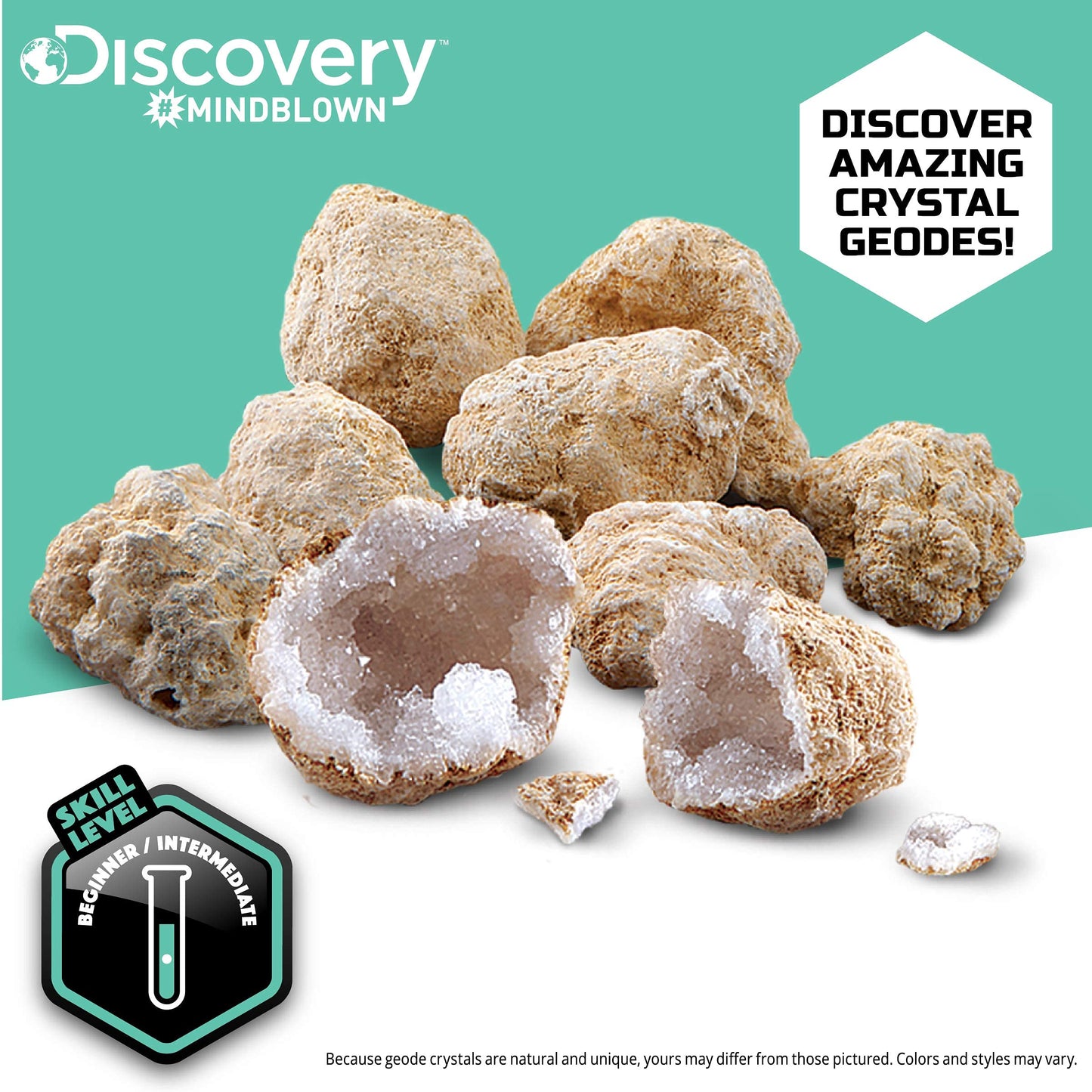 Discovery™ Mystery Crystal Geode Kit – Crack Open 10 Real Quartz Geodes| Includes Goggles, Magnifying Glass & Display Stands| Educational STEM Geology Toy for Kids| Science Activity Set Gift| Ages 6+