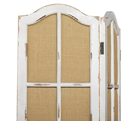 Deco 79 Wood Partition Room Divider Screen Hinged Foldable Partition 3 Panel Privacy Screen with Burlap Window Pane Design, Room Partition 48" x 1" x 71", Beige