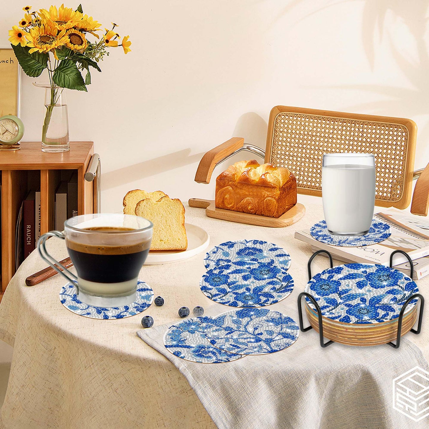 Blue Floral Diamond Art Coasters, 8pcs Blue and White Chinoiserie Floral Diamond Painting Coaster Kit, Elegant Flower Diamond Art with Holder Cork Pads, DIY Craft for Adults Beginners Home Decor Gifts
