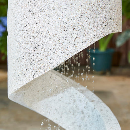 Glitzhome Outdoor Water Fountain with LED Light, Decorative Tiered Curved Waterfall Fountain with Stone Planter, Faux Terrazzo Spiral Shaped Outdoor Fountains for Garden Deck Patio Porch, 31.25”H