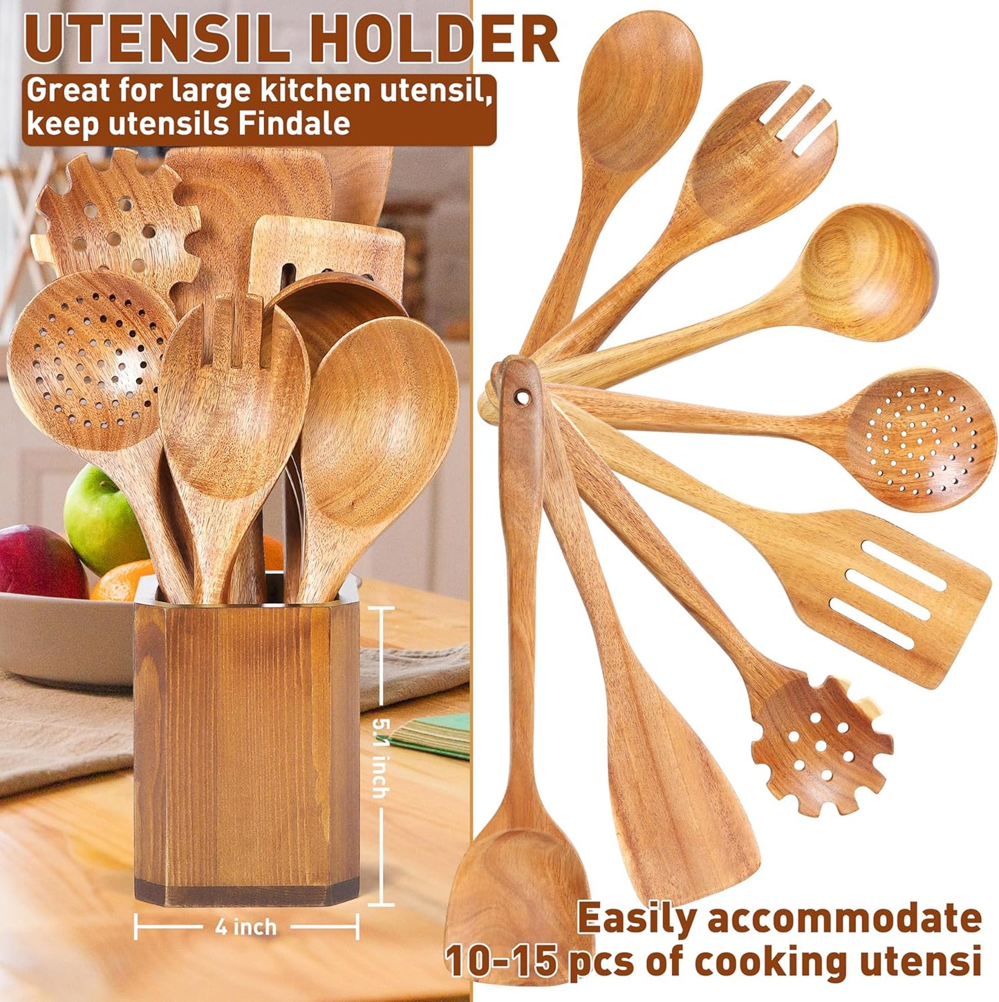 Kitchen Utensil Holder for Countertop, Wooden Utensil Crocks - Cooking Spoons Organizer
