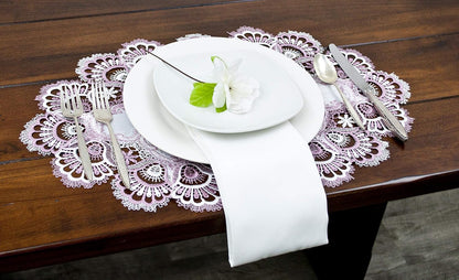 White Mauve Rose Jacquard Lace Doily, Placemats, Dresser Scarf, Table Runner Set of 2 (14Wx21L)