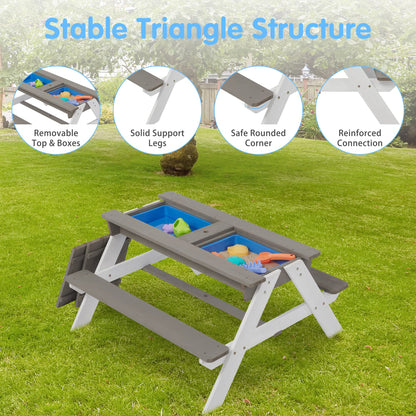 3 in 1Outdoor Wooden Picnic Table with Umbrella, Convertible Sand Wate, Gray CPSIA Certification