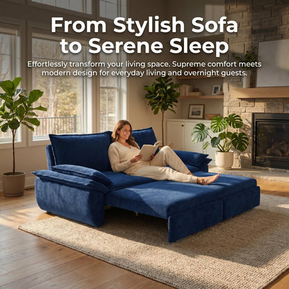Trygoal Queen Sofa Bed, 3-in-1 Convertible Pull Out Couch, Velvet Couch with Pull Out Bed, Couch that Turns into Bed, Sleeper Sofa Bed for Living Room, Apartment, Small Space, Blue