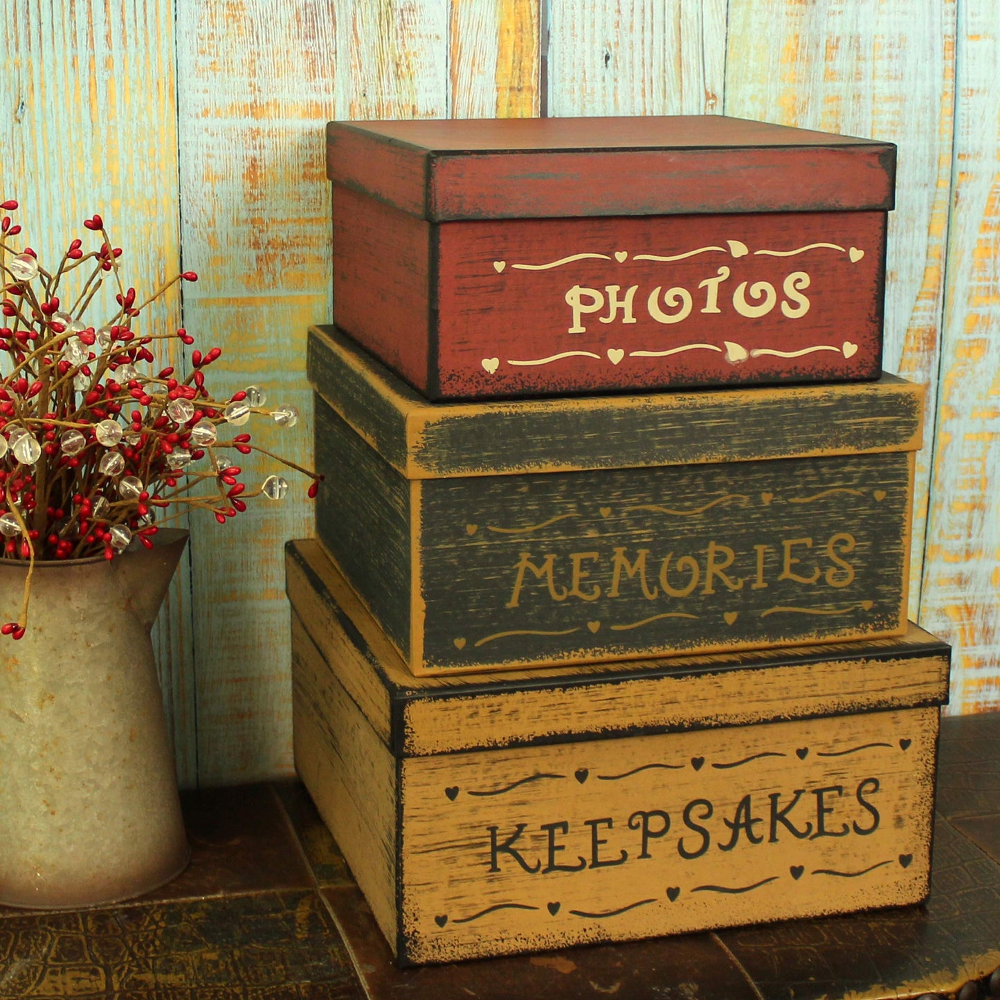 CVHOMEDECO. Primitive Vintage Square Photos, Memories, Keepsakes Cardboard Nesting Boxes, Large 11 X 11 X 5-1/2 Inch. Set of 3.