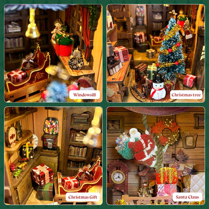 Strucwood Christmas Book Nook Kit with LED Light - 3D Wooden Puzzles Booknook for Book Shelf Decor - DIY Dollhouse Kit - Book Nooks Decor with Dust Cover Jingle Cabin(SQ-34)