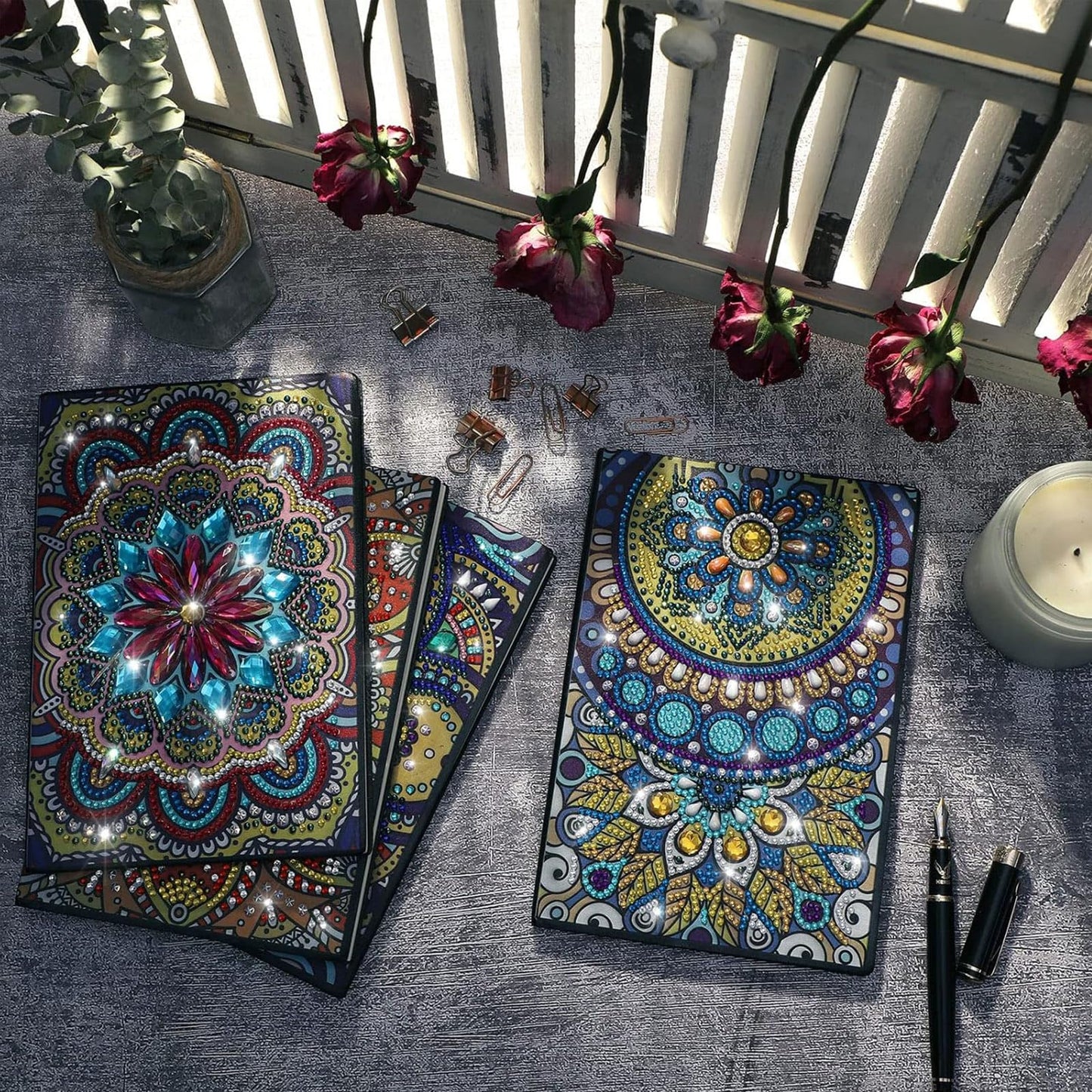 Ctosree Diamond Art Kits for Adults Teens 4 Pcs Diamond Painting Journals Notebooks 5d DIY Creative Journal Gem Dots Art Crafts for Women Men Friends Graduation Birthday Relax Hobby Gift with Tools