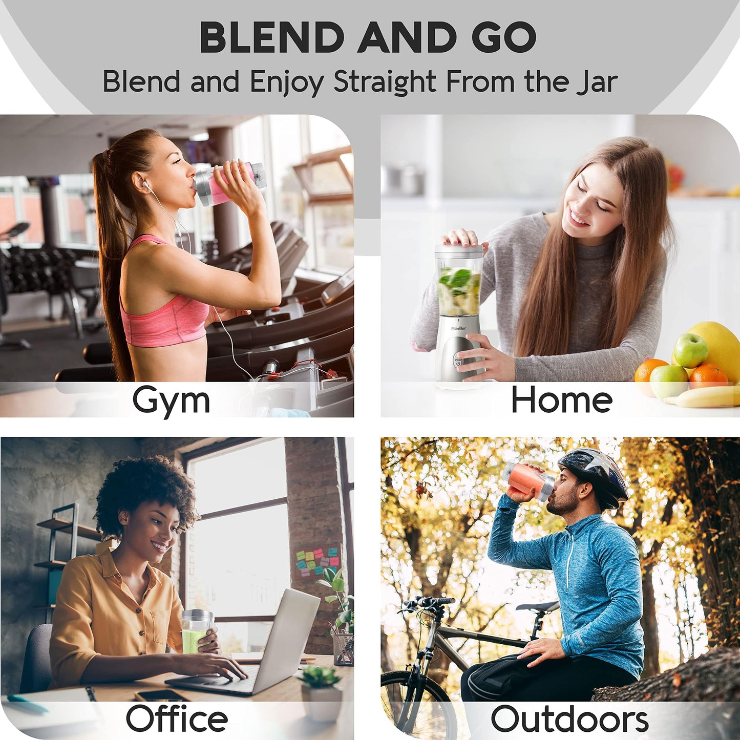 Mueller Smoothie Blender for Smoothies - Personal Blender for Shakes, Frozen Drinks, Baby Food & More, 15oz Travel Cup and Lid, Durable Stainless Steel Blades for Powerful Blending Performance, Black