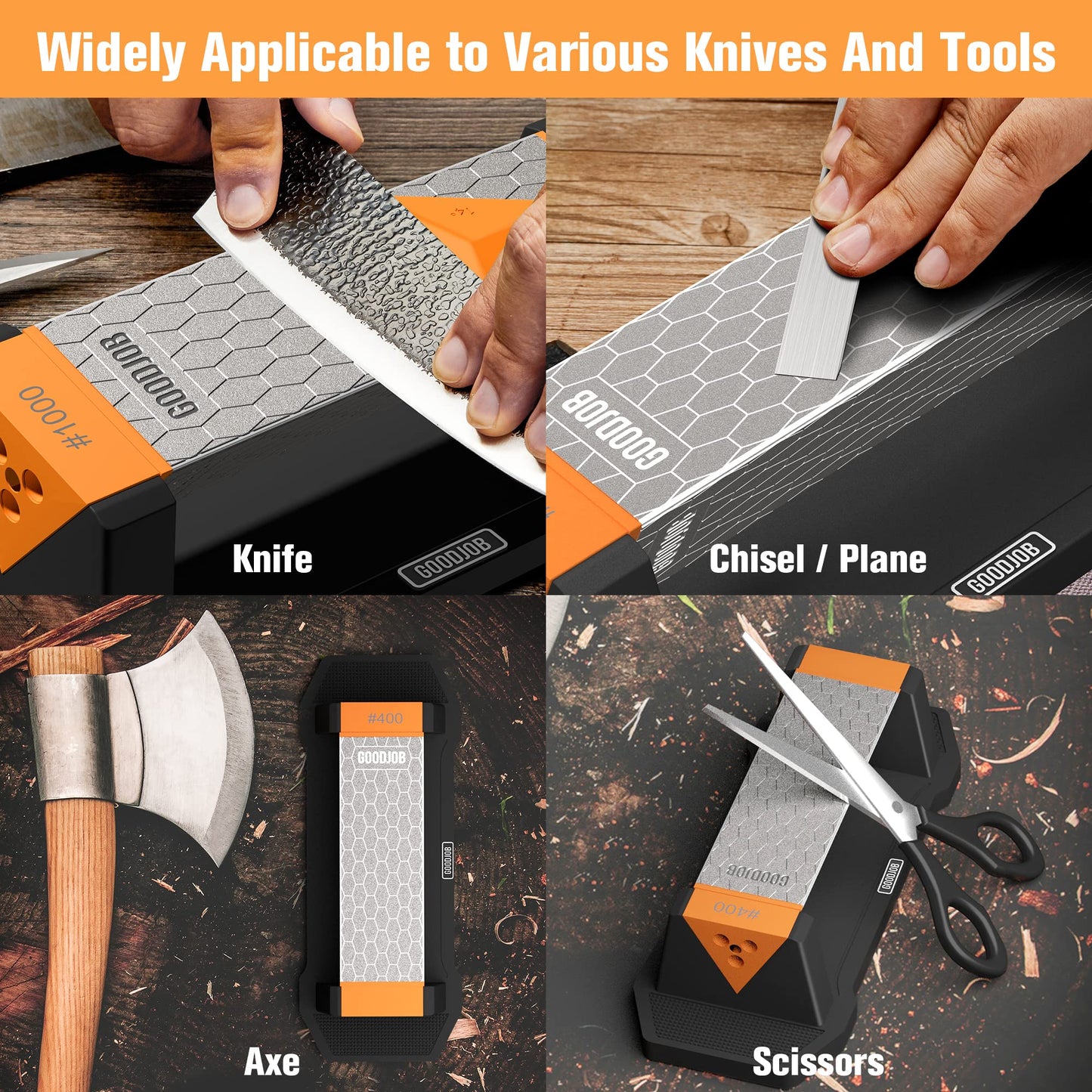 Goodjob Diamond Sharpening Stone 3 Side Grit 400/1000/8000 Premium Industrial Diamond & Ceramic Whetstone Knife Sharpener Suitable for Steel of any Hardness with Angle Guide and Non-Slip Base (GB-3D)