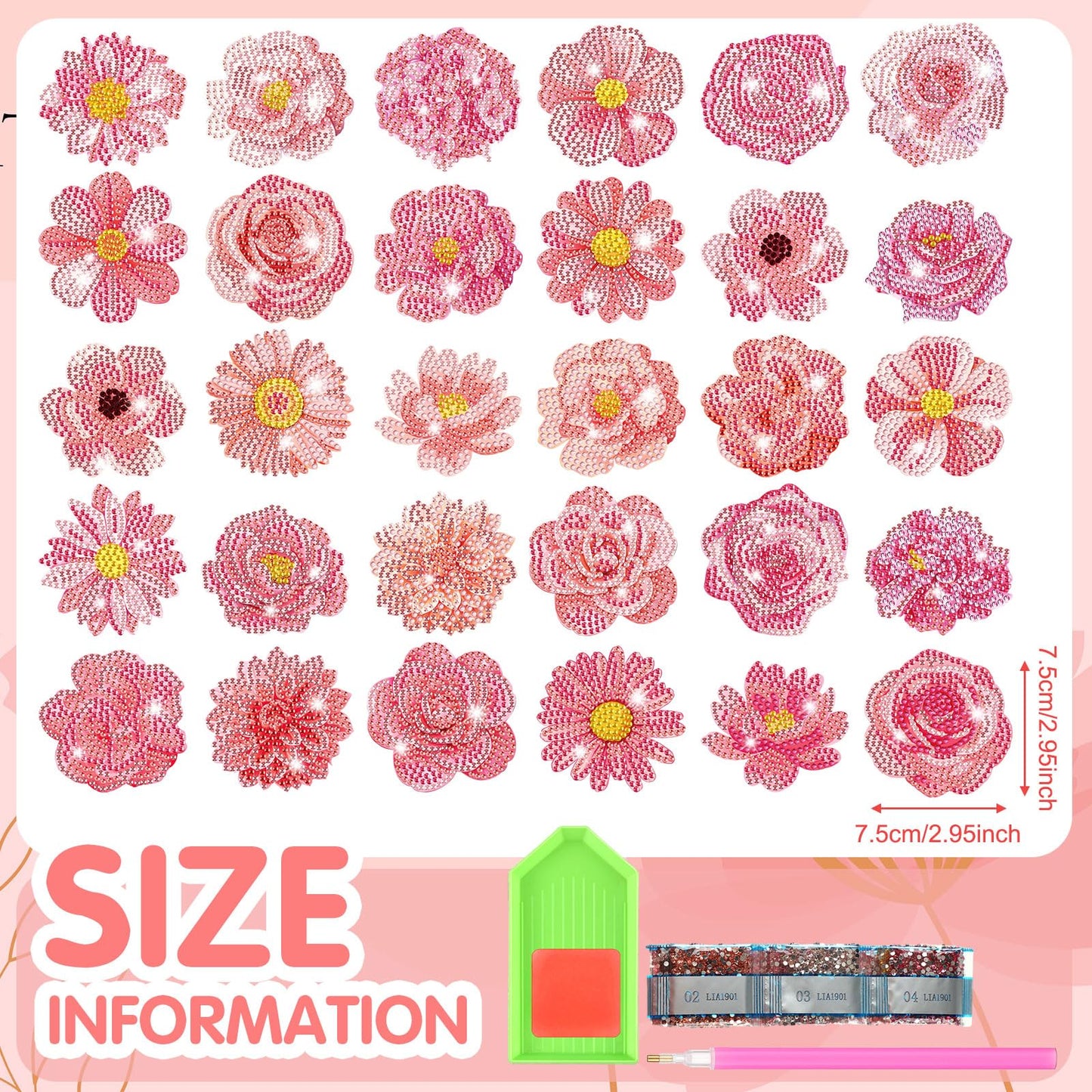 Copkim 30 Pcs Diamond Art Magnets Refrigerator Easy Art Kits Fridge Diamond Painting Magnets Stickers for Adults DIY Home Decors Flower Butterfly(Pink Flower)
