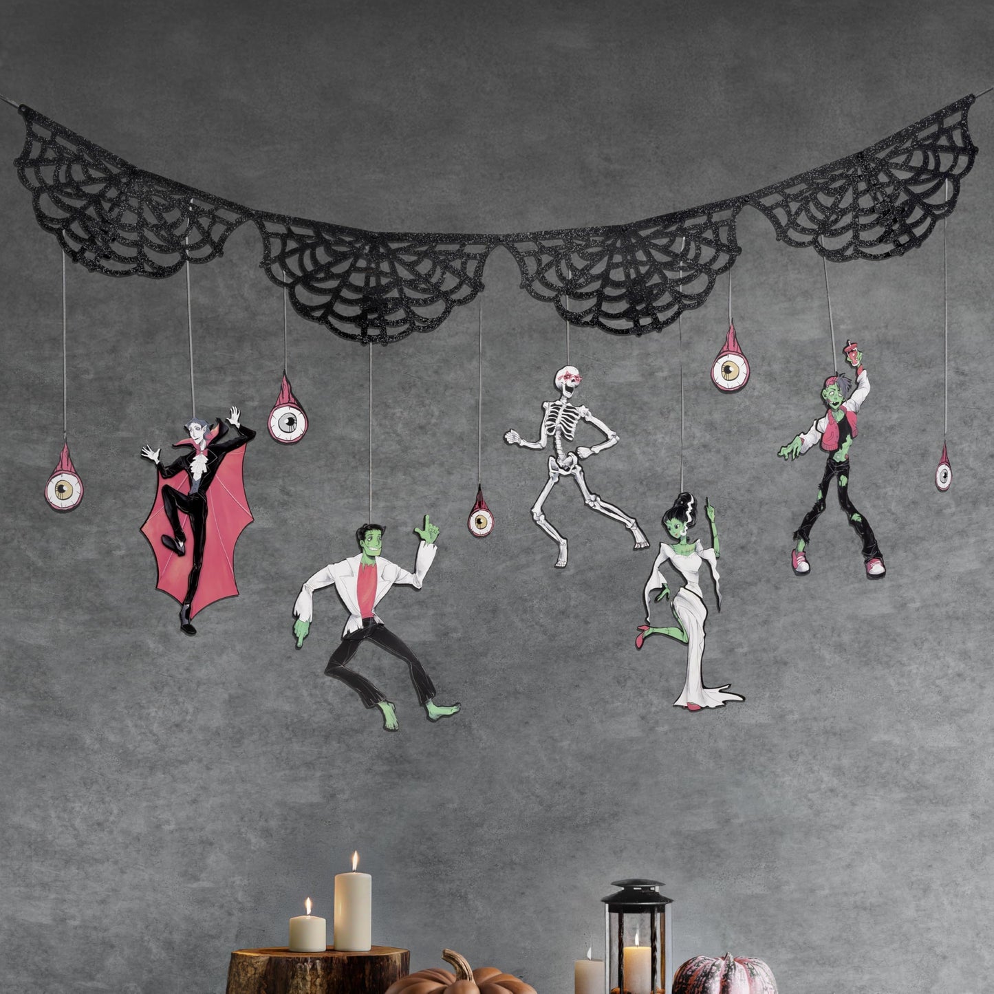 Cheerland Halloween Garland Skeleton Garland Spooky Banner Spider Web Halloween Banner Gothic Party Decorations Hanging Skeleton Monster Bash Birthday Skull Garland Monster Party Decorations