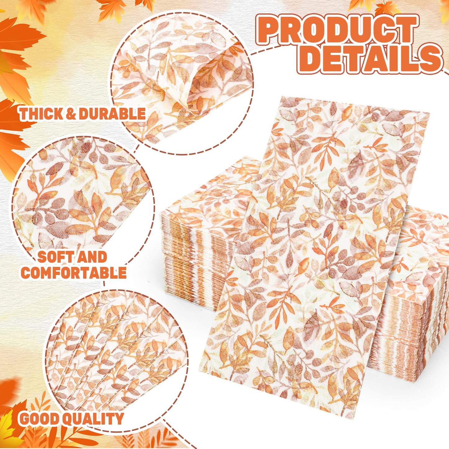 Whaline 80Pcs Fall Leaves Guest Napkins Orange Autumn Leaves Disposable Dinner Hand Towel Paper Napkins for Bathroom Thanksgiving Party Table Supplies