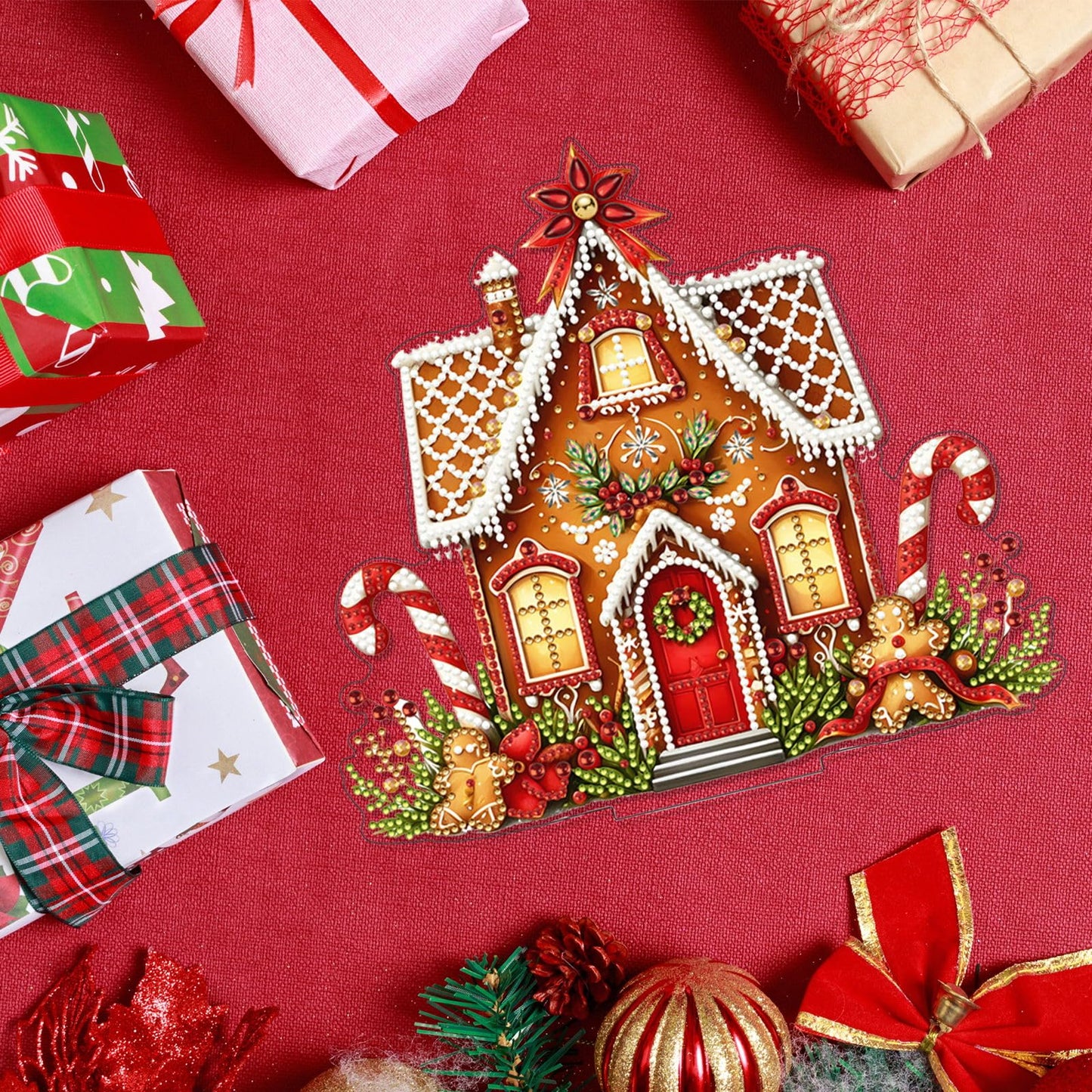 VODAPYC Christmas Diamond Art Tabletop Painting Kit, DIY Stand Up Double Sided Special Shaped Diamond Painting Desktop Ornament for Home Decor(Gingerbread House-2)