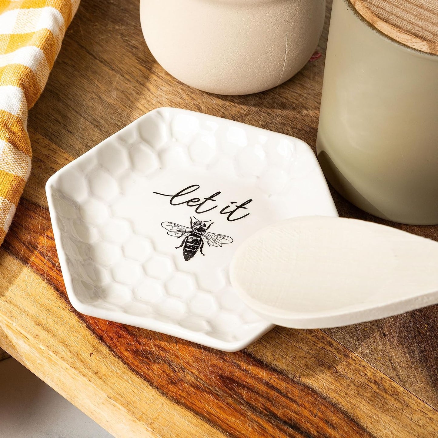 Youngs Ceramic Bee Spoon Rest, Large Spoon Holder for Cooking Spoons, Spatula, Ladle, Heat Resistant Utensil Rest, 5"x5"