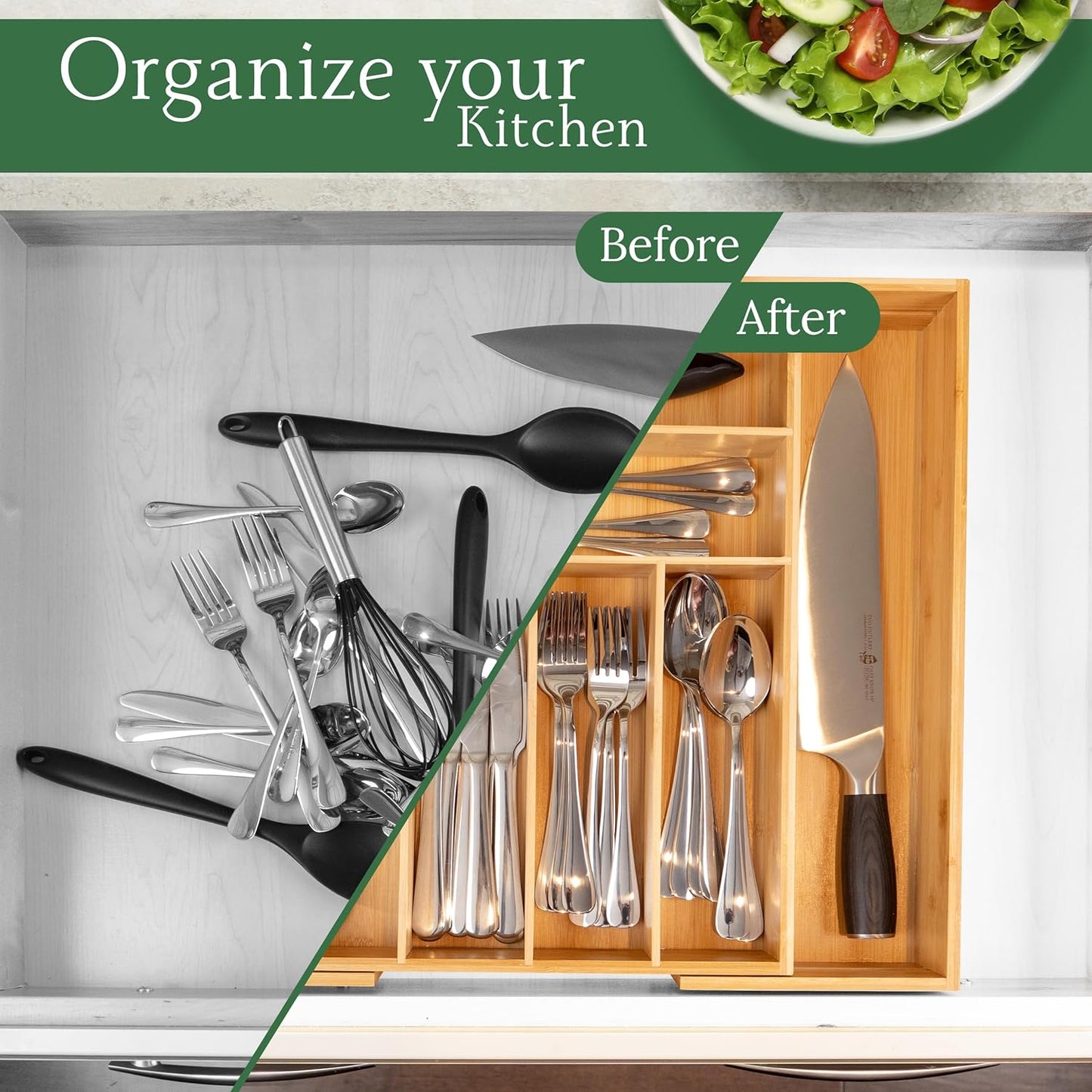 Utensil Drawer Organizer - 3" Deep 100% Bamboo Expandable Adjustable Kitchen Silverware Storage Tray with Magnetic Lock