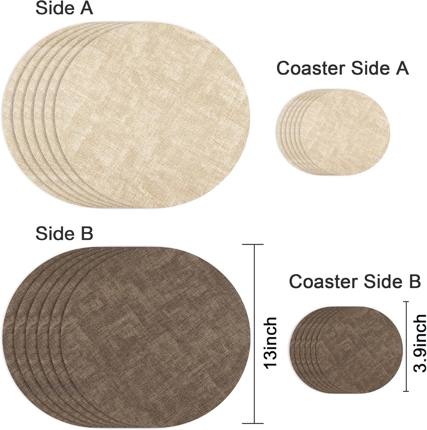 13-Inch Set 6, (6, Faux Leather Round Placemats of Waterproof Anti-Slip Dual Sided Place mats, Heat Resistant Washable