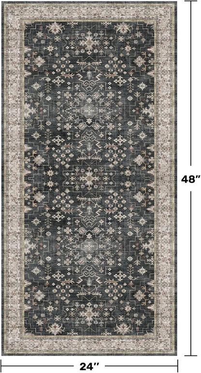 Regine Switzerland Entryway Runner Rugs - Non-Slip, Washable, Vintage Floral Design | 2x4 Feet, Ashen/Multi