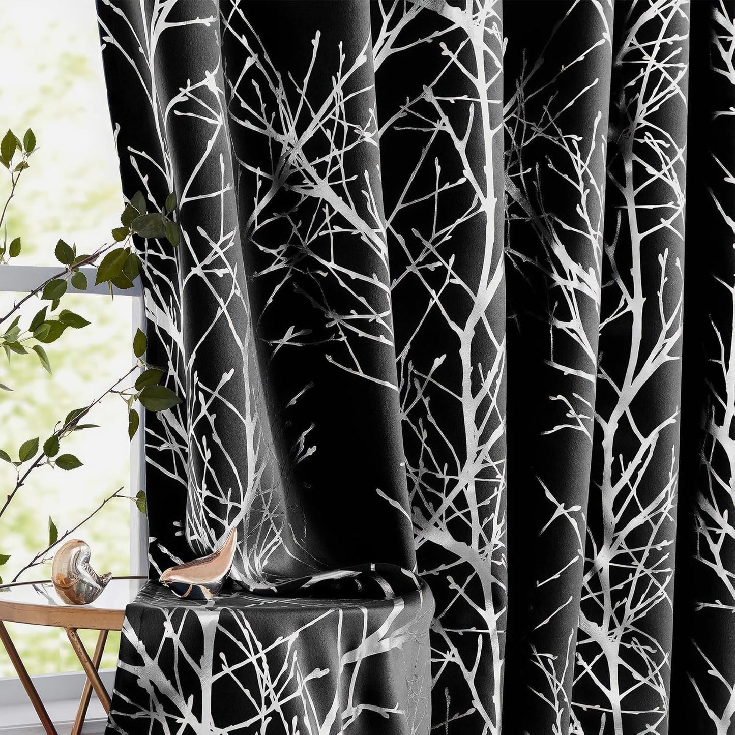 FMFUNCTEX 100% Blackout Curtains for Bedroom, 54 Inch Length Black Branch Panels for Living Room, Thermal Insulated 2