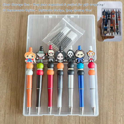 YUERVIEW 7PCS Refillable Horror Movie Pens with Clear Box – Spooky Gift for Horror Fans,Halloween Beadable Pens for School,Office,Party – Novelty Desk Accessories with 10 Black Ink Refills