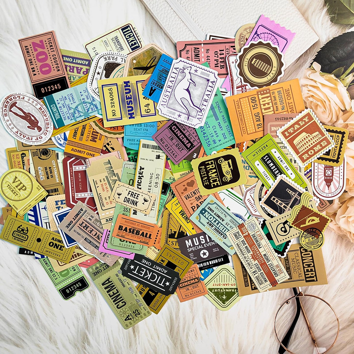 Prstincol 300 Pcs Vintage Travel Stickers Ticket Stickers for Journaling,Luggage Sticker Stub Vintage Sticker for Junk Journal Crafts Laptop Water Bottle Album Scrapbook