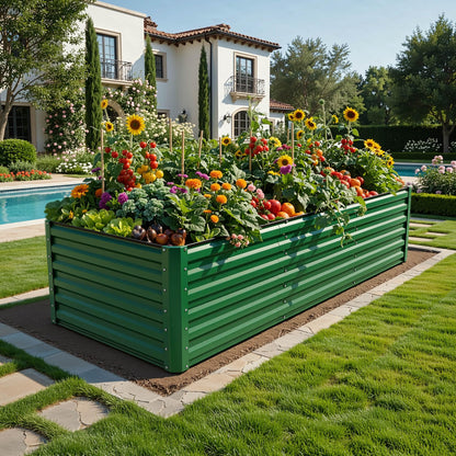 YITAHOME 4pcs 8x4x2 ft Galvanized Raised Garden Bed Kit, Large Metal Planter Box with Gloves, Safety Rubber & Support Rod, Outdoor Flower Bed for Plants Vegetables, Green